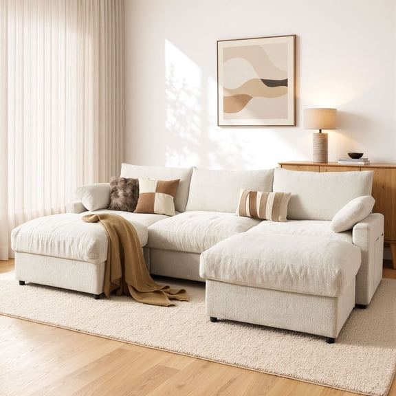 Vcatnet 110.6" Modular Sectional Sofa L Shaped Comfy Couch Oversized Modern Minimalist Couch with 2 Ottomans for Living Room Furniture, Chenille, White