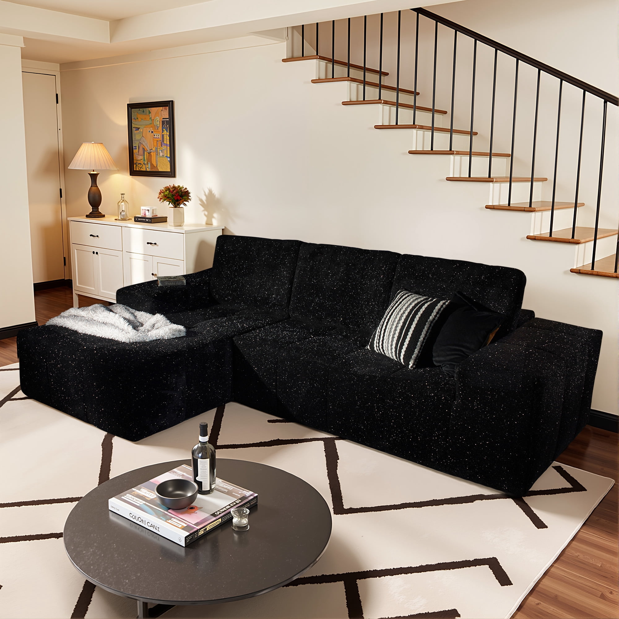 Vcatnet 114.6" Modular Sectional Sofa Couch, Modern Corduroy Cloud Sofa Couch, Oversized L Shaped Couch with Chaise for Living Room, No Assembly Required, Black