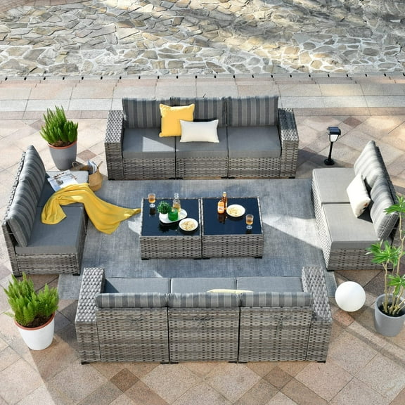 Vcatnet 12 Pieces Patio Furniture Outdoor Sectional Sofa Wicker Conversation Set with Coffee Table for Garden,Porch,Gray stripes