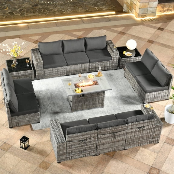Vcatnet 13 Pieces Patio Furniture Outdoor Sectional Sofa Wicker Conversation Set with Fire Pit Table and Coffee Table for Garden,Porch,Black