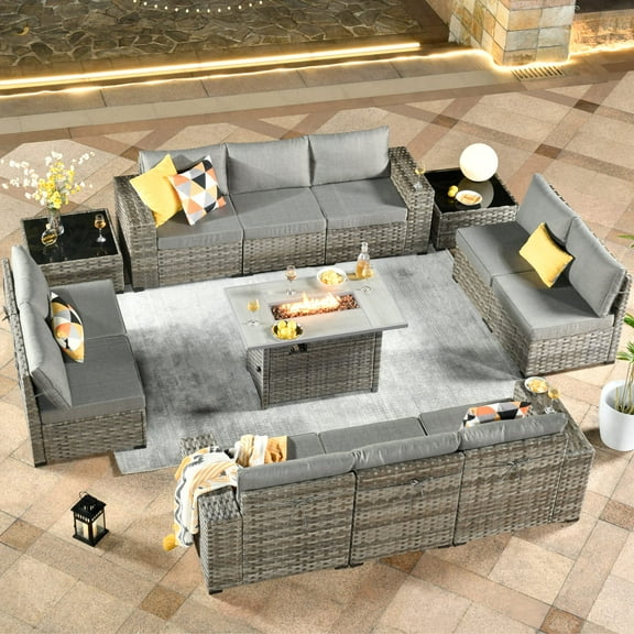 Vcatnet 13 Pieces Patio Furniture Outdoor Sectional Sofa Wicker Conversation Set with Fire Pit Table and Coffee Table for Garden,Porch,Dark gray