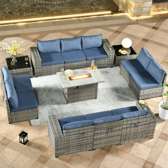 Vcatnet 13 Pieces Patio Furniture Outdoor Sectional Sofa Wicker Conversation Set with Fire Pit Table and Coffee Table for Garden,Porch,Denim blue