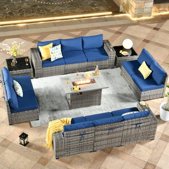 Vcatnet 13 Pieces Patio Furniture Outdoor Sectional Sofa Wicker Conversation Set with Fire Pit Table and Coffee Table for Garden,Porch,Navy blue