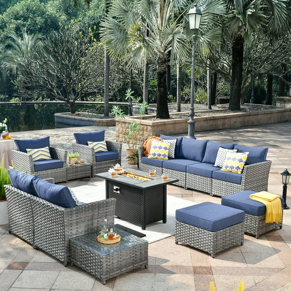 Vcatnet 13 Pieces Patio Outdoor Conversation Set All Weather Wicker Furniture Sofa Set with Fire Pit Table and Coffee Table for Garden,Backyard,Denim Blue