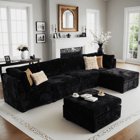 Vcatnet 130.7" Modular Sectional Sofa Couch Corduroy L Shaped Oversized Modern Minimalist Couch with Deep Seat and Ottoman for Living Room, 4 Seat, Black
