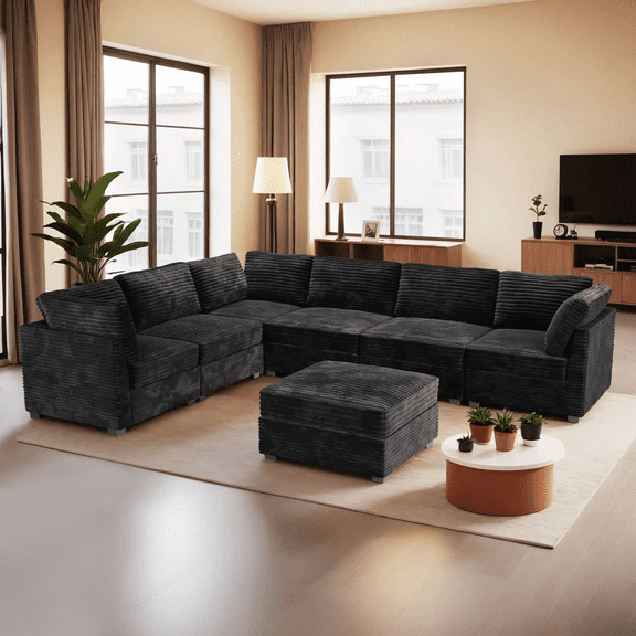 Vcatnet 130.7" Modular Sectional Sofa Couch Corduroy L Shaped Oversized Modern Minimalist Cloud Couch with Deep Seat and Ottoman for Living Room, 6 Seat, Black