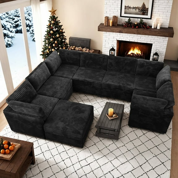 Vcatnet 130.7" Modular Sectional Sofa Couch Corduroy L Shaped Oversized Modern Minimalist Couch with Deep Seat and Ottoman for Living Room, 7 Seat, Black