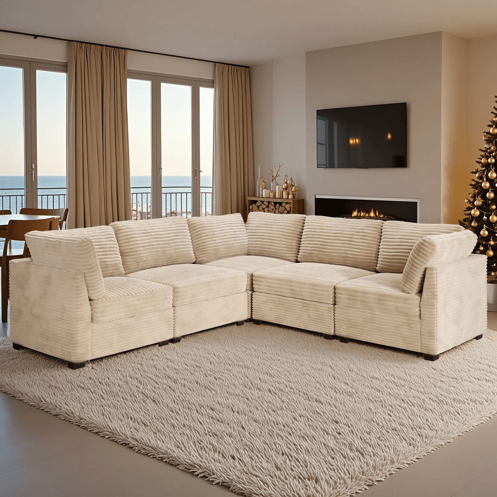 Vcatnet 130.7" Modular Sectional Sofa Cloud Couch Corduroy L Shaped Oversized Modern Minimalist Couch with Deep Seat for Living Room, 5 Seat, Beige