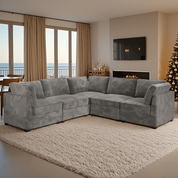 Vcatnet 130.7" Modular Sectional Sofa Cloud Couch Corduroy L Shaped Oversized Modern Minimalist Couch with Deep Seat for Living Room, 5 Seat, Gray