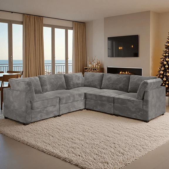 Vcatnet 130.7" Modular Sectional Sofa Cloud Couch Corduroy L Shaped Oversized Modern Minimalist Couch with Deep Seat for Living Room, 5 Seat, Gray