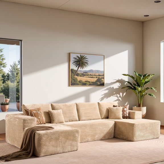 Vcatnet 131.5" Modular Sectional Sofa No Assembly Cloud Couch Corduroy L Shaped Oversized Modern Minimalist Couch with Chaise for Living Room, Beige