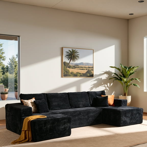 Vcatnet 131.5" Modular Sectional Sofa No Assembly Cloud Couch Corduroy L Shaped Oversized Modern Minimalist Couch with Chaise for Living Room, Black