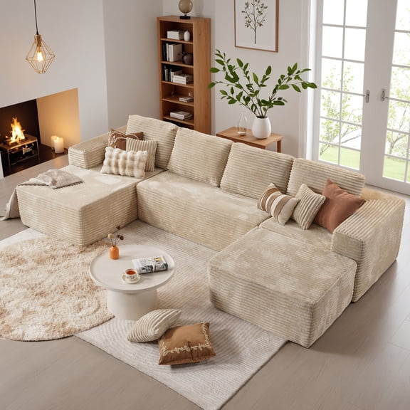 Vcatnet 135" Modular Sectional Sofa L Shaped Corduroy Couch Oversized Modern Minimalist Cloud Couch with Chaise for Living Room, Beige