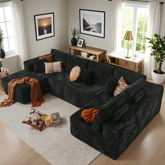 Vcatnet 135" Modular Sectional Sofa L Shaped Corduroy Couch Oversized Modern Minimalist Cloud Couch with Chaise for Living Room, Black