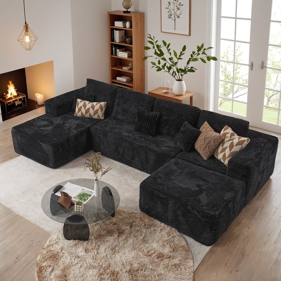 Vcatnet 135" Modular Sectional Sofa L Shaped Corduroy Couch Oversized Modern Minimalist Cloud Couch with Chaise for Living Room, Black
