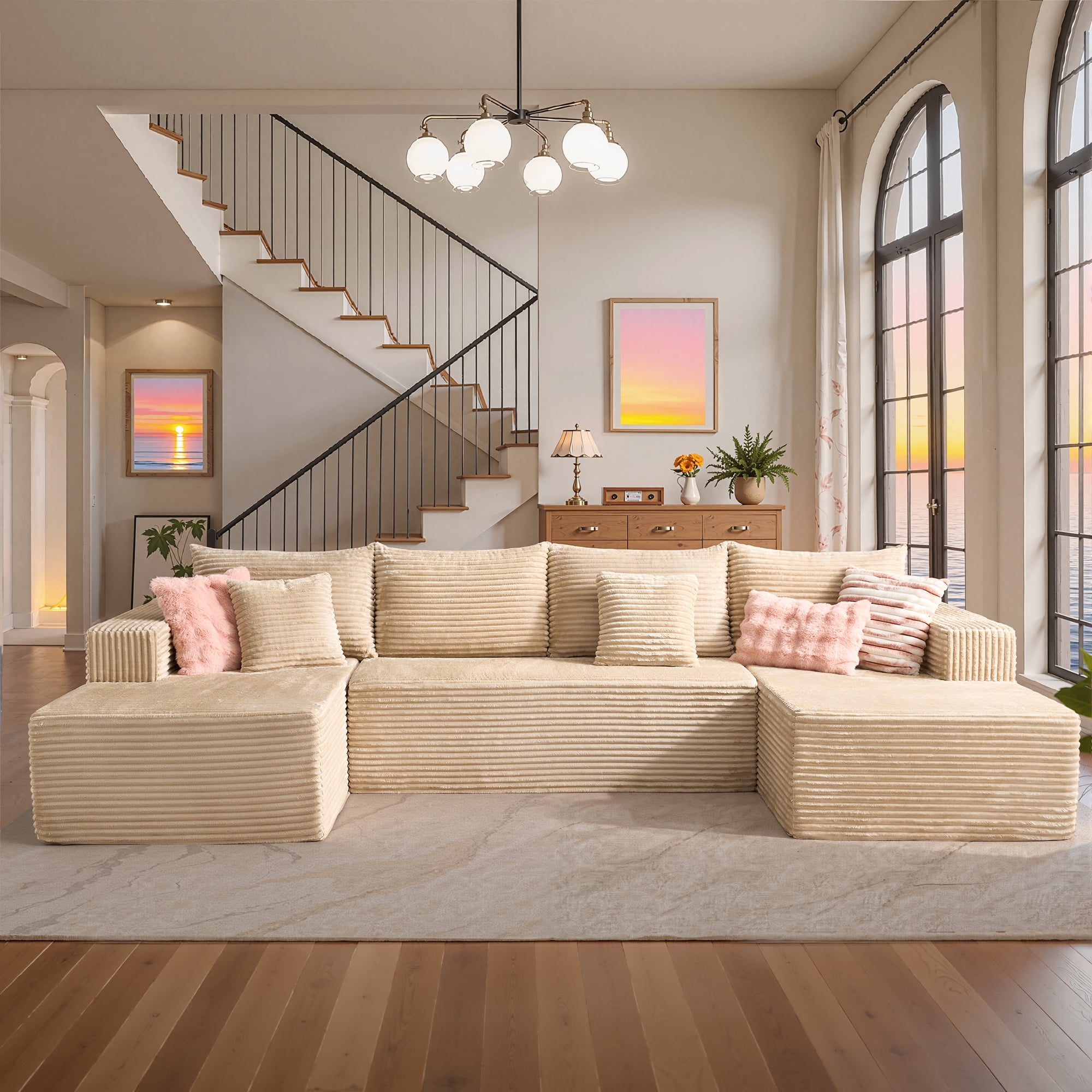 Vcatnet 135" Oversized Cloud Sectional Sofa Couch Plush Corduroy Couch L Shaped Modern Minimalist Couch with Chaise for Living Room, Beige