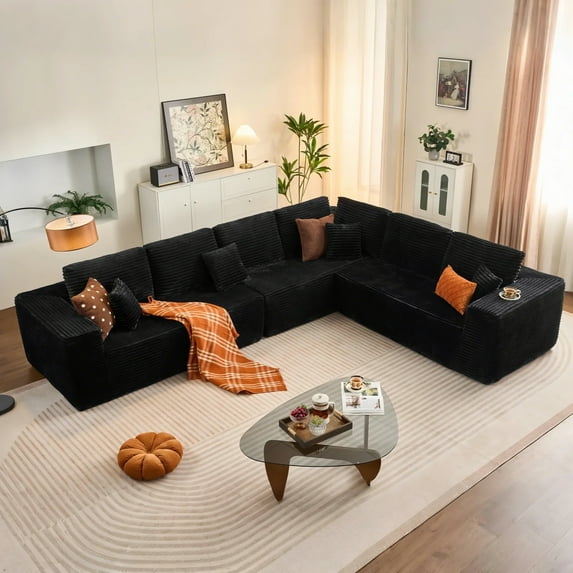Vcatnet 138" Modular Sectional Sofa L Shaped Corduroy Couch Oversized Modern Minimalist Cloud Couch with Chaise for Living Room, Black