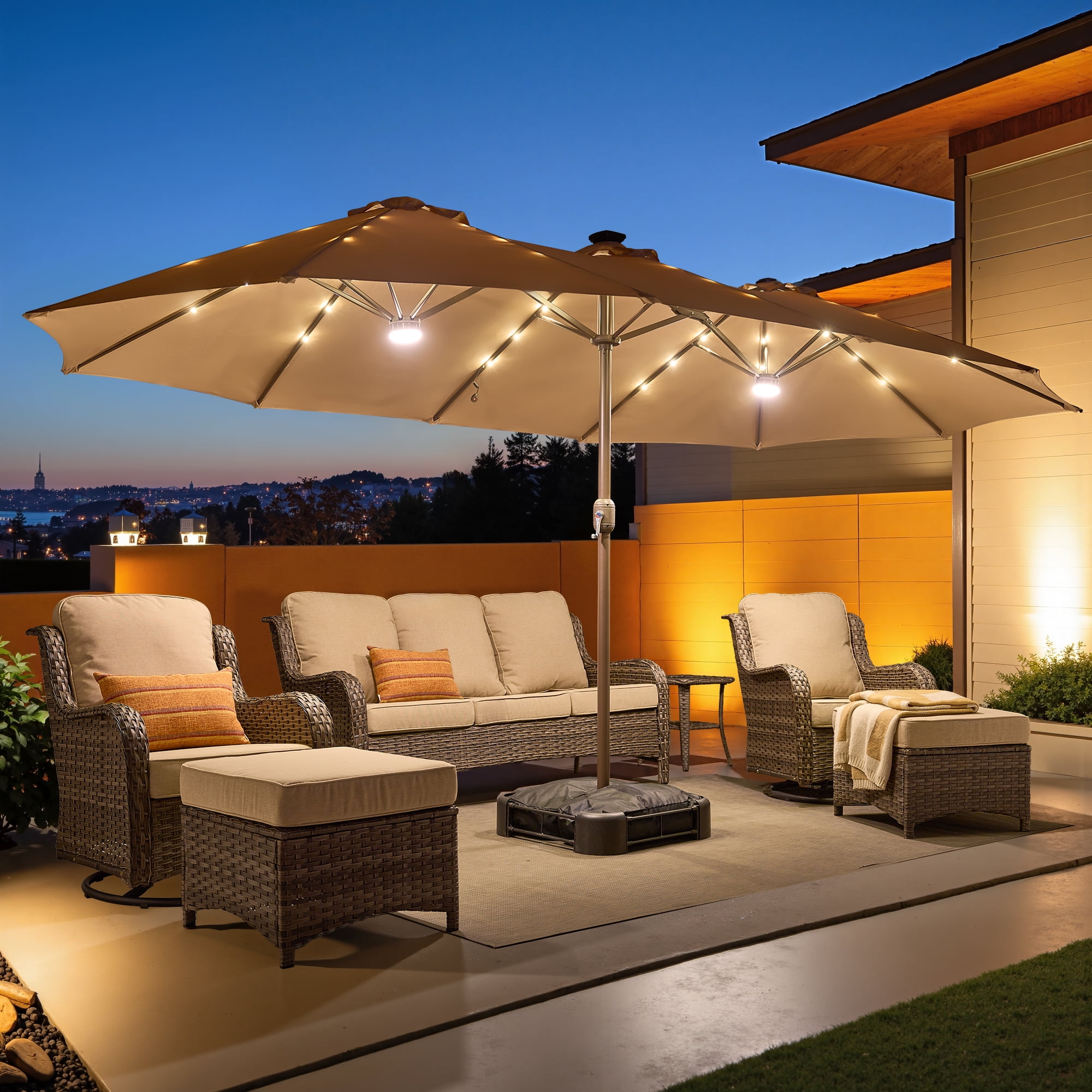 Vcatnet 15ft Large Patio Umbrella with Solar Lights Outdoor Double-Sided Rectangle Market Umbrella with Crank Handle and Base, Khaki