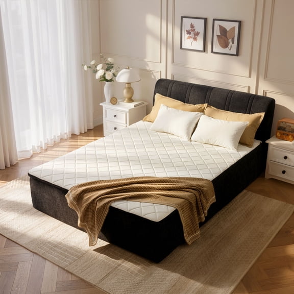 Vcatnet 16.7" Queen Size Boneless Bed with Mattress and Frame, 2-in-1 Chenille Platform Cloud Bed, No Assembly Bed and Mattress for Bedroom and Apartment, Black