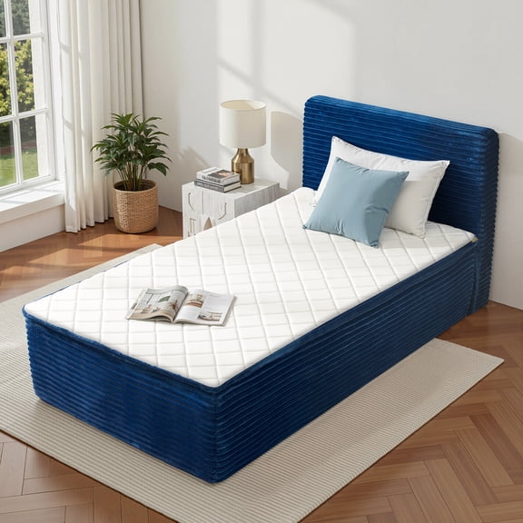 Vcatnet 16.7" Twin Size Boneless Bed with Mattress and Frame, 2-in-1 Corduroy Platform Cloud Bed, No Assembly Bed and Mattress with Headboard, Blue