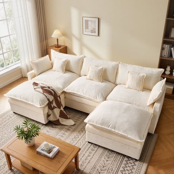 Vcatnet 107" Modular Sectional Sofa Couch Chenille Cloud Couch with 2 Ottomans L Shaped Oversized Living Room Furniture, Beige
