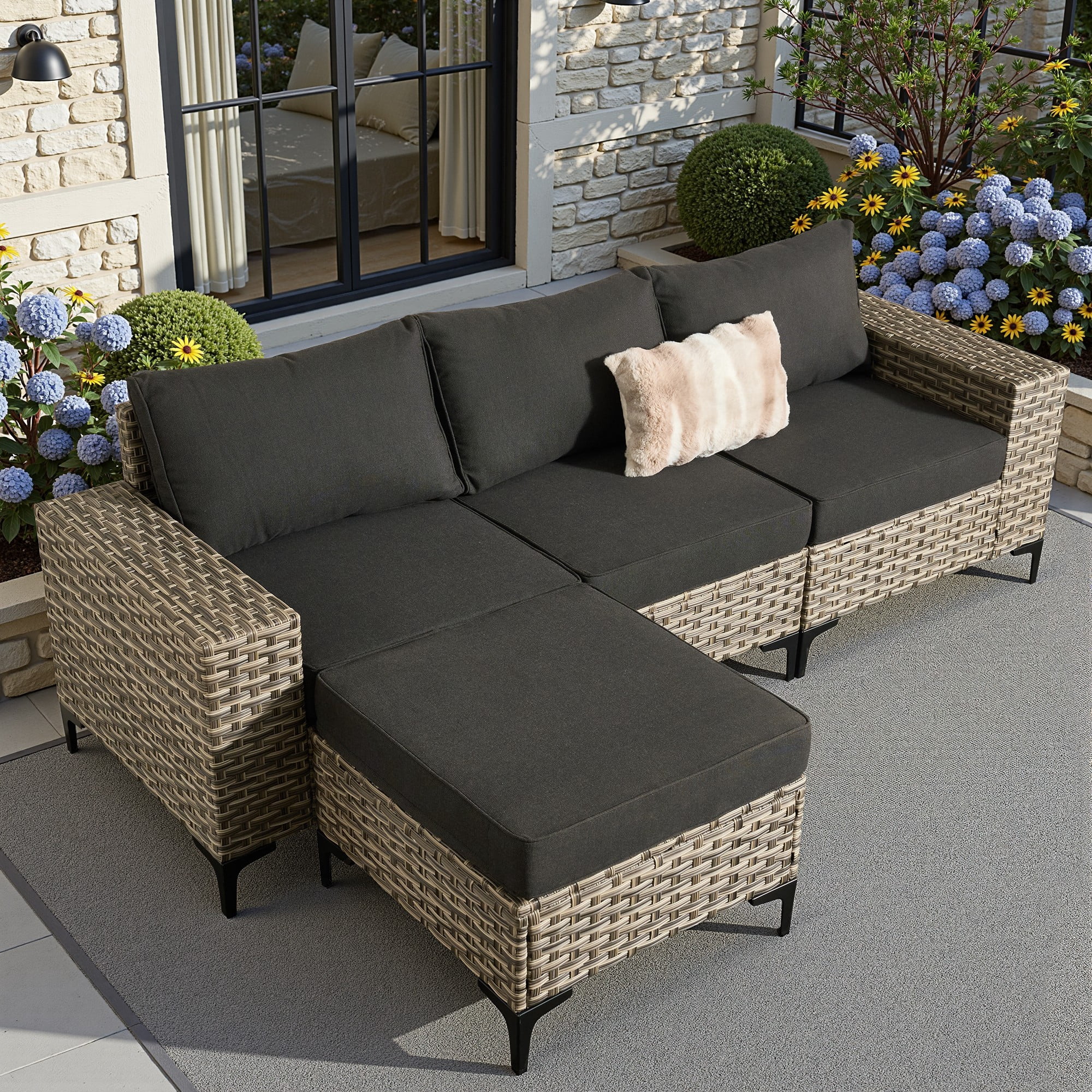 Vcatnet 4 Pieces Patio Furniture Set, All-Weather Wicker Outdoor Patio Furniture, Outdoor Conversation Set with Ottoman, Black