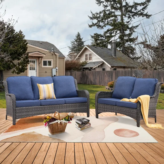 Vcatnet 2 Pieces Outdoor Patio Furniture Loveseat Sectional Sofa All Weather Wicker Conversation Set for Deck, Porch, Denim Blue