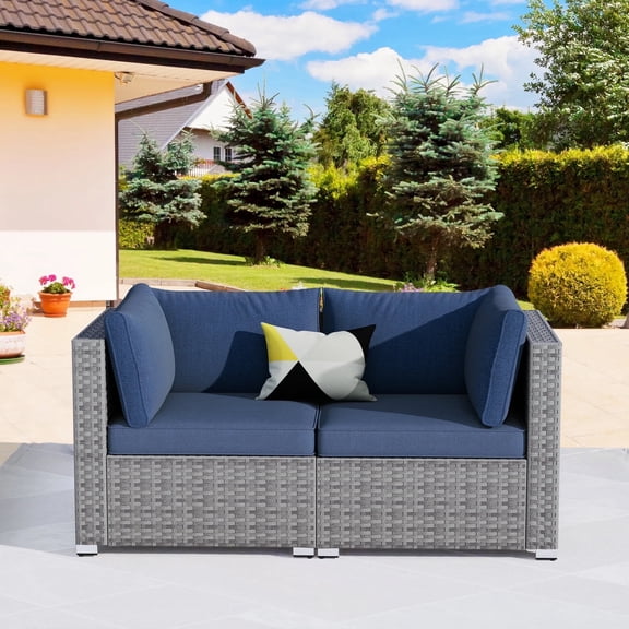 Vcatnet 2 Pieces Outdoor Patio Wicker Furniture Sectional Sofa All-weather Conversation Set Denim Blue