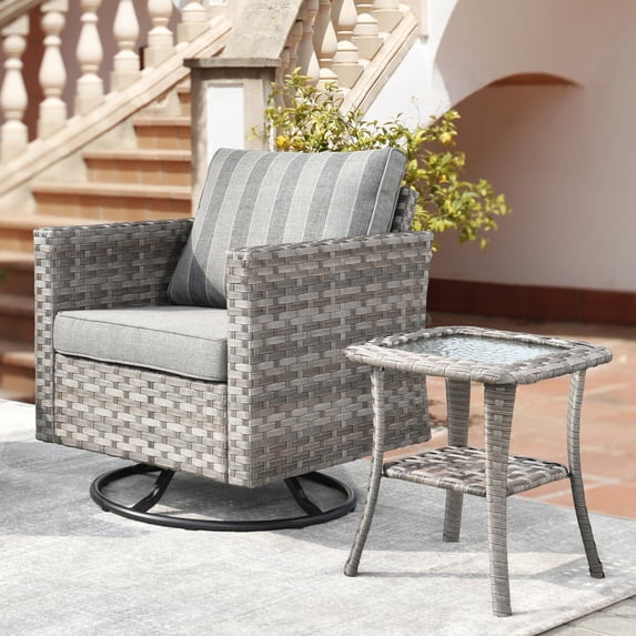 Vcatnet 2 Pieces Patio Furniture Outdoor Wicker Swivel Rocking Chair with Side Table for Garden,Poolside,Gray Stripes