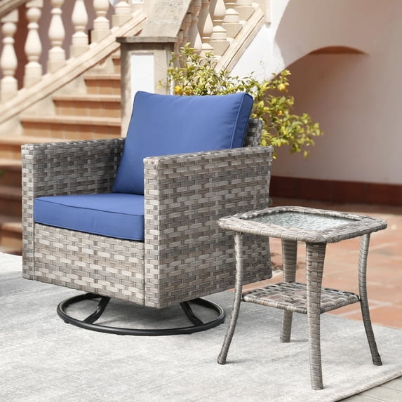 Vcatnet 2 Pieces Patio Furniture Outdoor Wicker Swivel Rocking Chair with Side Table for Garden,Poolside,Navy Blue