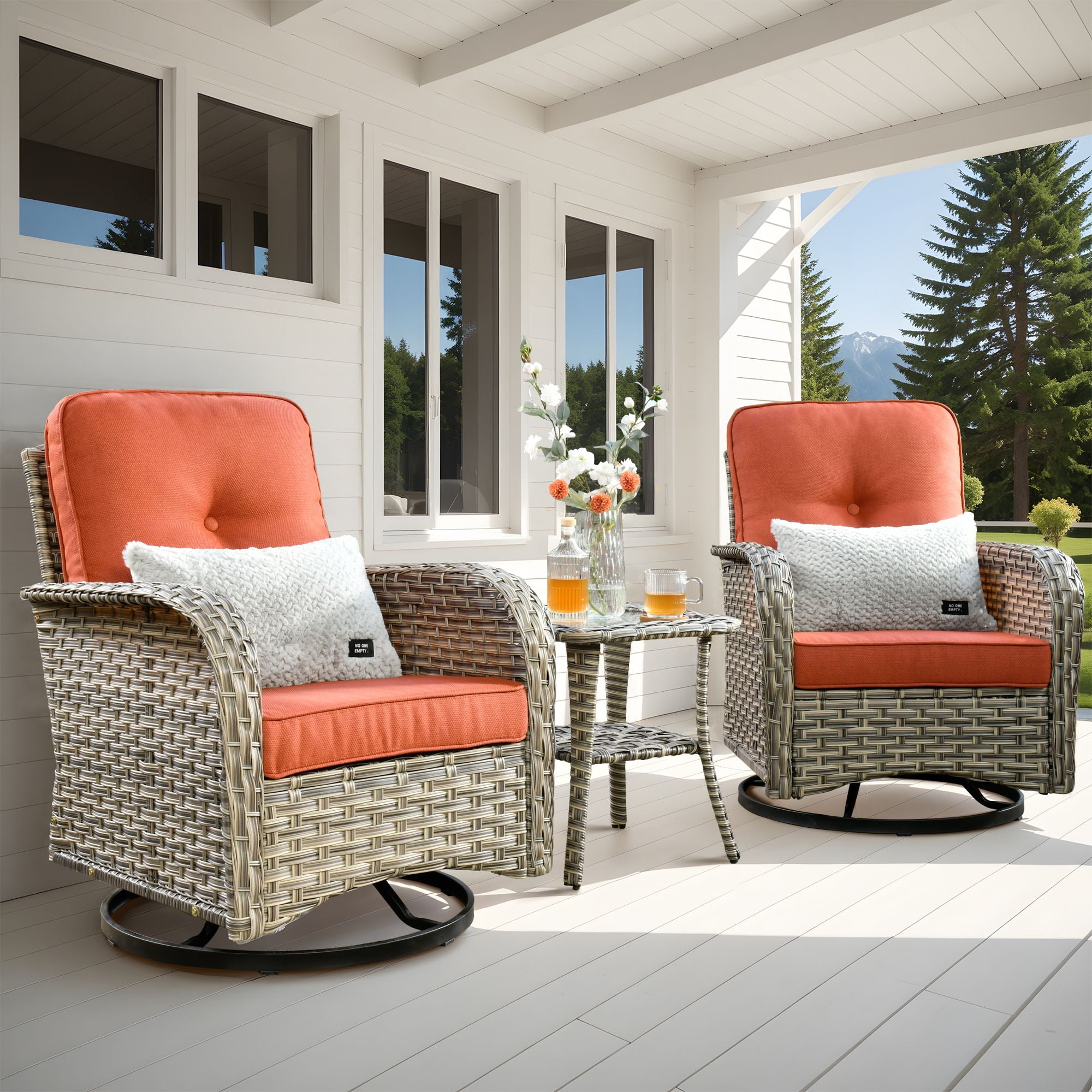 Vcatnet 3 Pieces Outdoor Patio Furniture Wicker Swivel Rocking Chair Swivel Rocker Patio Chairs Set of 2 with Side Table for Porch, Backyard, Coarse Orange Red