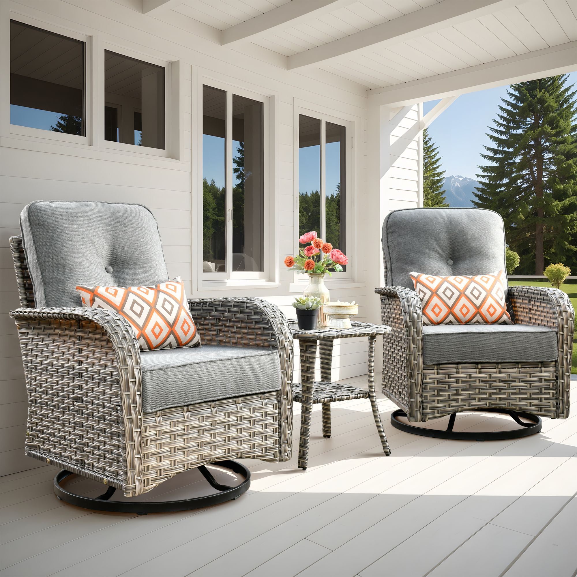 Vcatnet 3 Pieces Outdoor Patio Furniture Wicker Swivel Rocking Chair Swivel Rocker Patio Chairs Set of 2 with Side Table for Porch, Backyard, Dark Gray