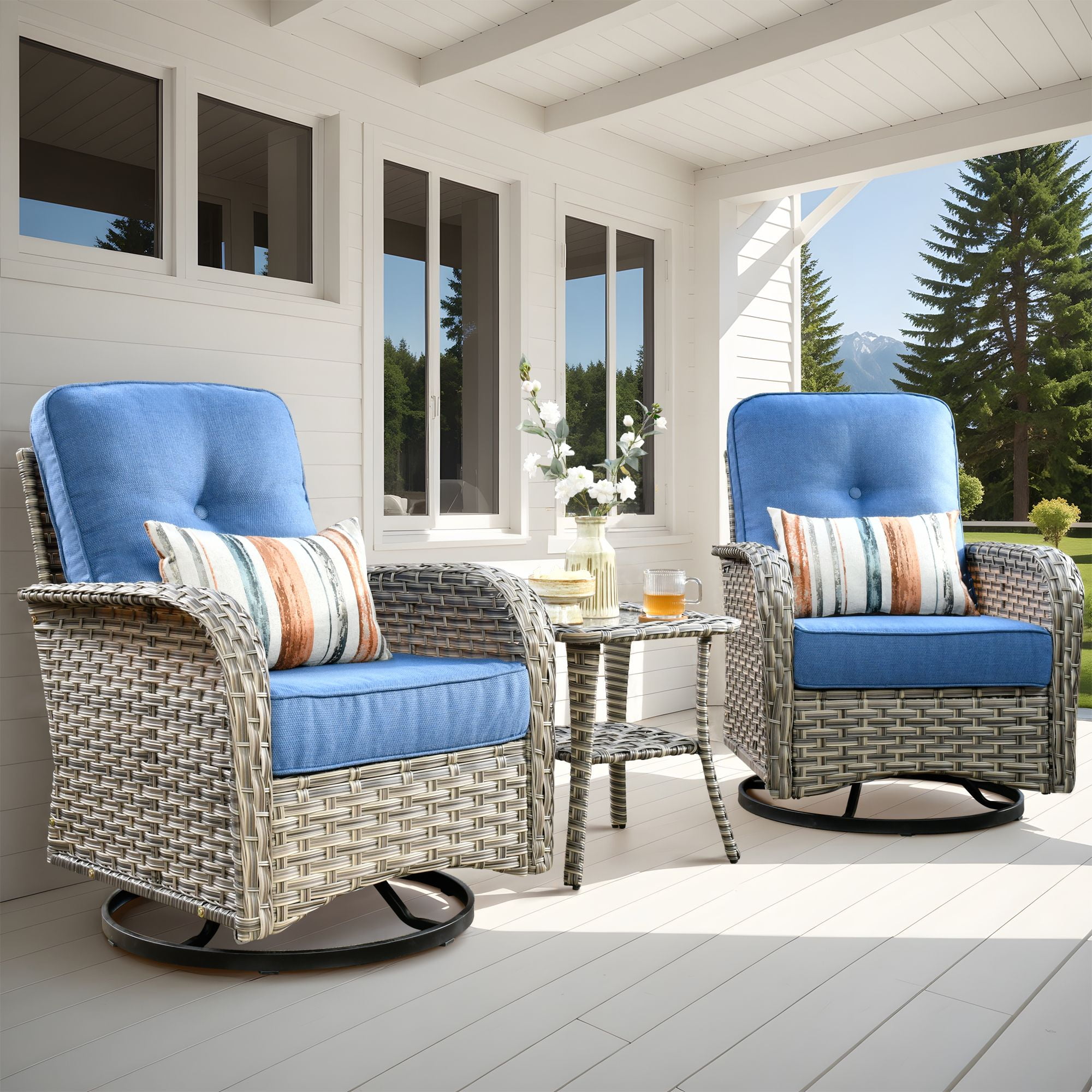 Vcatnet 3 Pieces Outdoor Patio Furniture Wicker Swivel Rocking Chair Swivel Rocker Patio Chairs Set of 2 with Side Table for Porch, Backyard, Diamond Blue