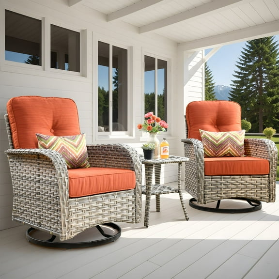 Vcatnet 3 Pieces Outdoor Patio Furniture Wicker Swivel Rocking Chair Swivel Rocker Patio Chairs Set of 2 with Side Table for Porch, Backyard, Orange Red