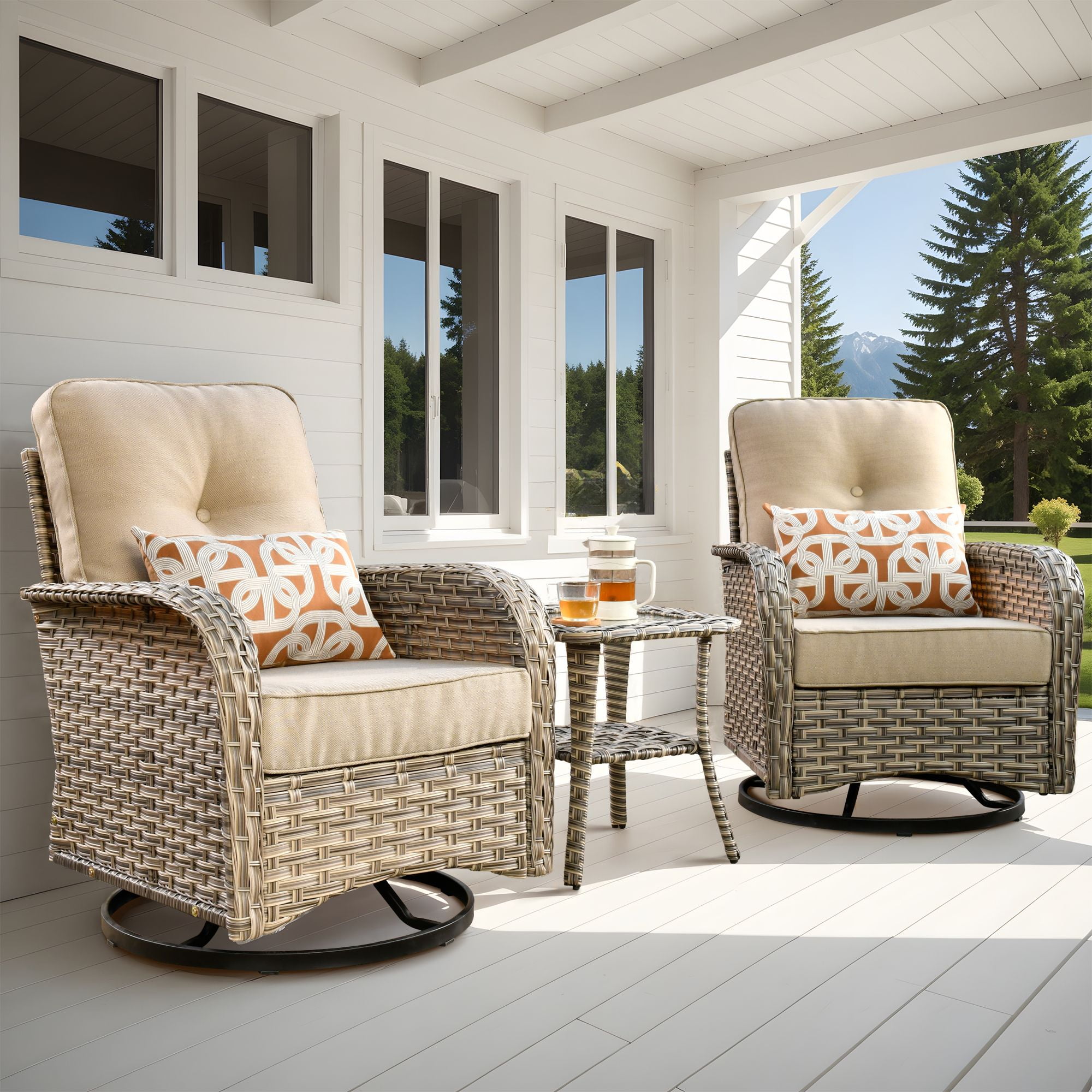 Vcatnet 3 Pieces Outdoor Patio Furniture Wicker Swivel Rocking Chair Swivel Rocker Patio Chairs Set of 2 with Side Table for Porch, Backyard, Beige