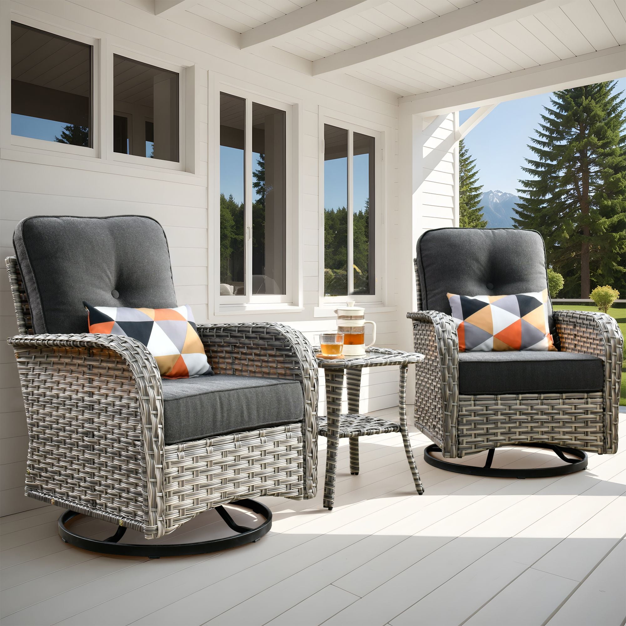 Vcatnet 3 Pieces Outdoor Patio Furniture Wicker Swivel Rocking Chair Swivel Rocker Patio Chairs Set of 2 with Side Table for Porch, Backyard, Black