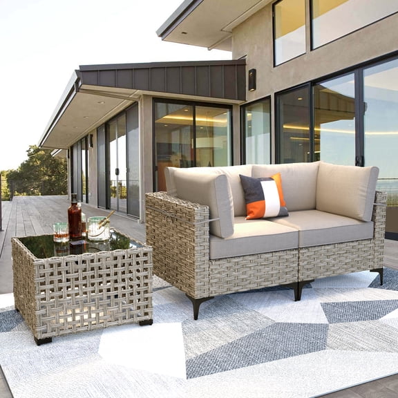 Vcatnet 3 Pieces Patio Outdoor Conversation Set All Weather Furniture Wicker Sofa Set with Solar Lamp Coffee Table,Beige