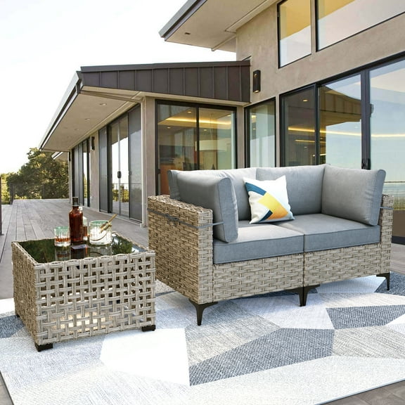 Vcatnet 3 Pieces Patio Outdoor Conversation Set All Weather Furniture Wicker Sofa Set with Solar Lamp Coffee Table,Dark Gray