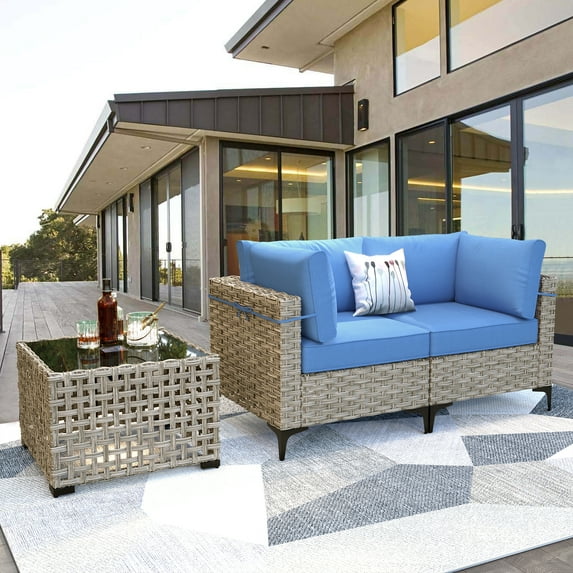 Vcatnet 3 Pieces Patio Outdoor Conversation Set All Weather Furniture Wicker Sofa Set with Solar Lamp Coffee Table,Diamond Blue