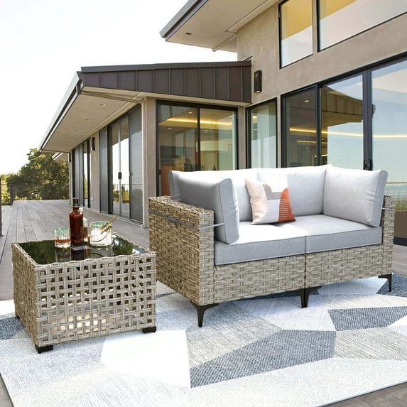 Vcatnet 3 Pieces Patio Outdoor Conversation Set All Weather Furniture Wicker Sofa Set with Solar Lamp Coffee Table,Gray
