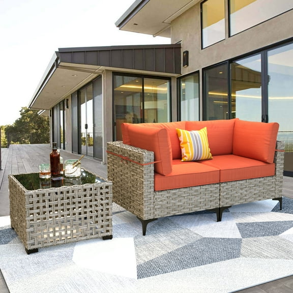 Vcatnet 3 Pieces Patio Outdoor Conversation Set All Weather Furniture Wicker Sofa Set with Solar Lamp Coffee Table,Orange Red