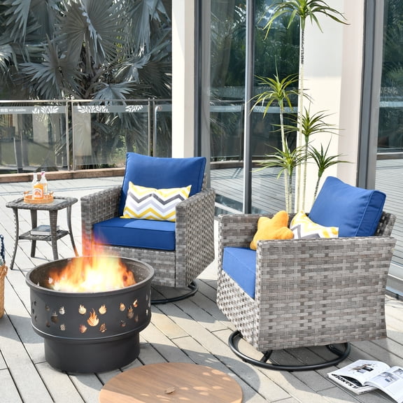 Vcatnet 4 Piece Patio Furniture Outdoor Wicker Swivel Rocking Chairs with Wood Burning Fire Pit and Side Table for Garden,Porch,Navy Blue