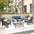 thumbnail image 1 of Vcatnet 4 Pieces Outdoor Conversation Set All Weather Wicker Patio Set Sectional Sofa Furniture with Coffee Table for Garden,Porch,Denim Blue, 1 of 7