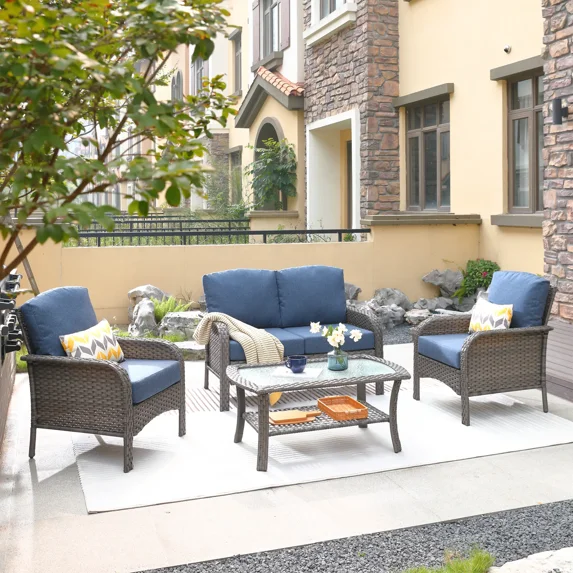 Vcatnet 4 Pieces Outdoor Conversation Set All Weather Wicker Patio Set Sectional Sofa Furniture with Coffee Table for Garden,Porch,Denim Blue
