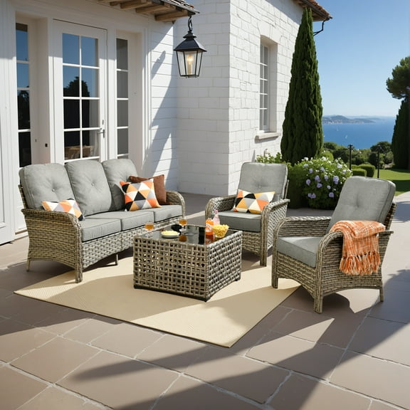 Vcatnet 4 Pieces Outdoor Conversation Set Wicker Rattan Patio Furniture High Back Sectional Sofa with Coffee Table for Porch, Deck, Dark Gray