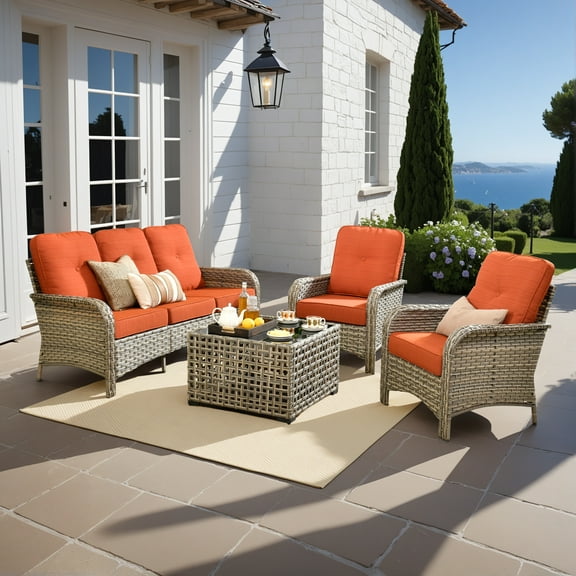 Vcatnet 4 Pieces Outdoor Conversation Set Wicker Rattan Patio Furniture High Back Sectional Sofa with Coffee Table for Porch, Deck, Orange Red
