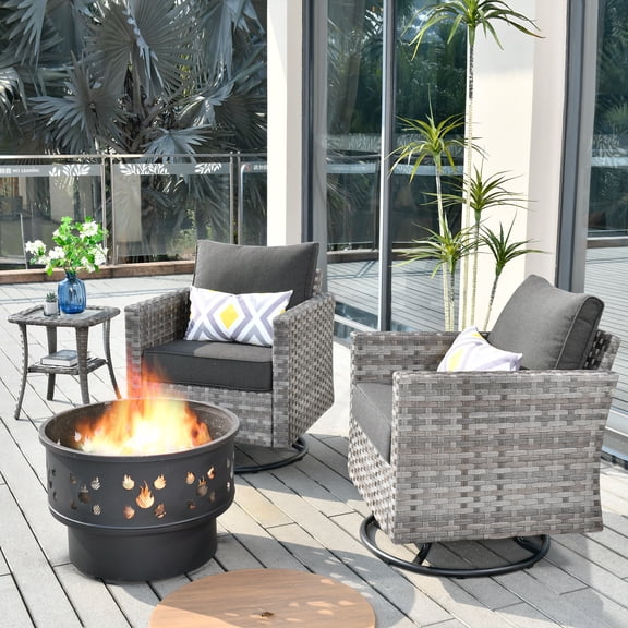 Vcatnet 4 Pieces Patio Furniture Outdoor Wicker Swivel Rocking Chairs with Wood Burning Fire Pit and Side Table for Garden,Porch,Black