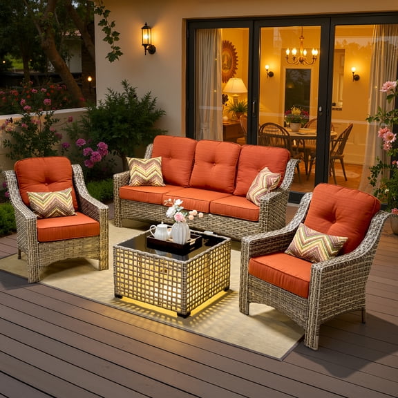 Vcatnet 4 Pieces Patio Outdoor Conversation Set High Back Wicker Rattan Furniture Outdoor Sectionals with Coffee Table, Orange Red