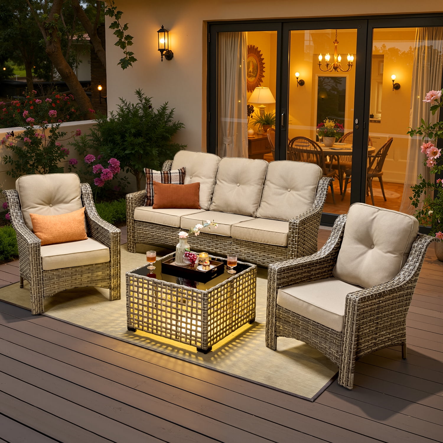 Vcatnet 4 Pieces Patio Outdoor Conversation Set High Back Wicker Rattan Furniture Outdoor Sectionals with Coffee Table, Beige