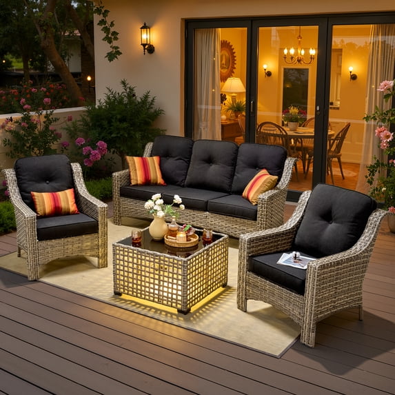 Vcatnet 4 Pieces Patio Outdoor Conversation Set High Back Wicker Rattan Furniture Outdoor Sectionals with Coffee Table, Black